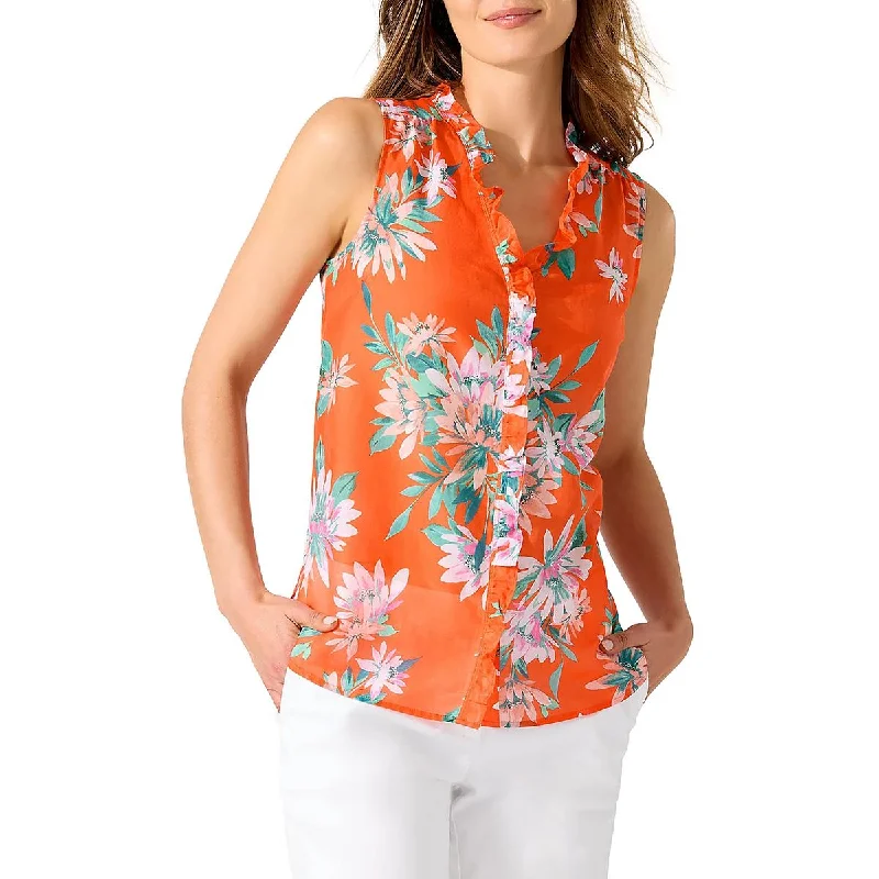 Joyful Bloom Womens Button Up Ruffled Shell Sophisticated Outfits