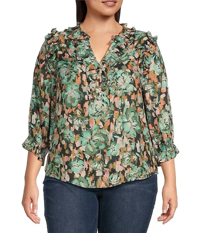 Woven Floral Top - Plus In Black/frosty Mint Multi Elevate Your Wardrobe