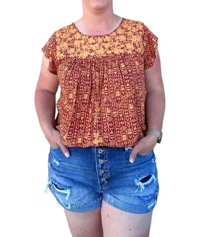 Flutter Woven Top In Rust Seasonal Trend