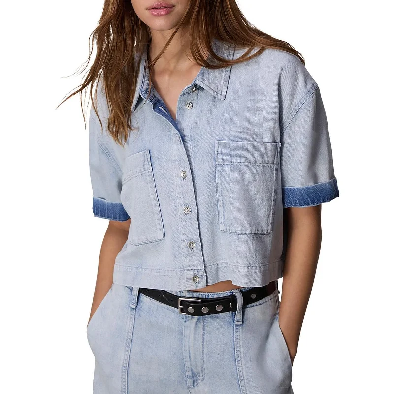 Womens Cotton Blend Cropped Button-Down Top Casual Fashion