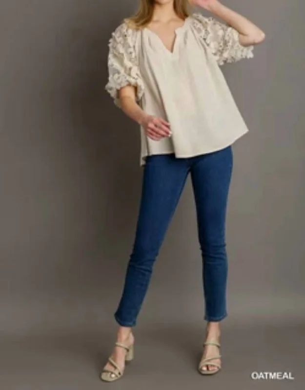 Floral Lace Sleeve Shirt In Beige Day To Night Styles