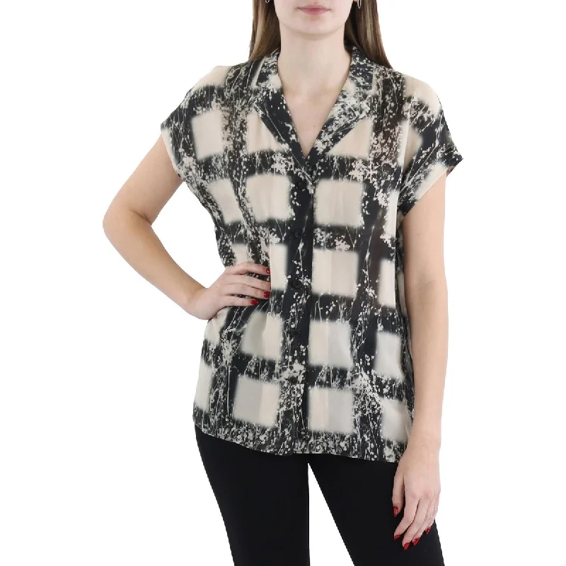 Womens Silk Printed Button-Down Top Luxury Comfort