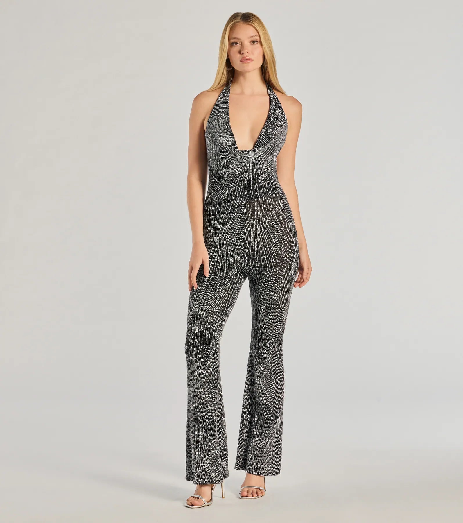 Dare To Shine Metallic Knit Halter Jumpsuit Spring Fashion