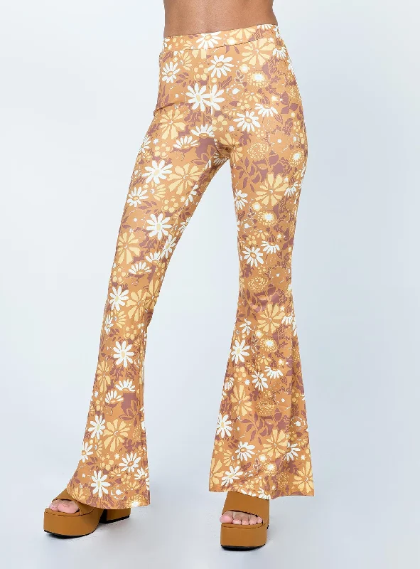 Retro Floral Flare Pants Orange Limited Time Offers