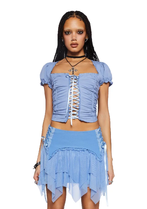 Soft Girl Era Lace Up Top- Blue End Of Season Sale