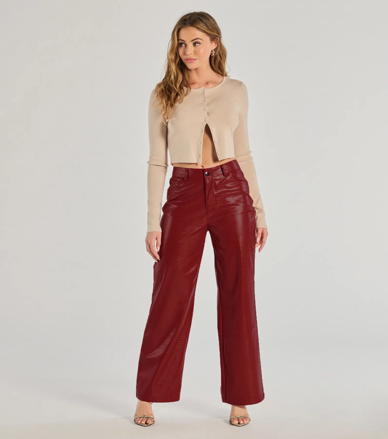 Chic Babe Faux Leather Croc-Embossed Wide-Leg Pants Chic Style