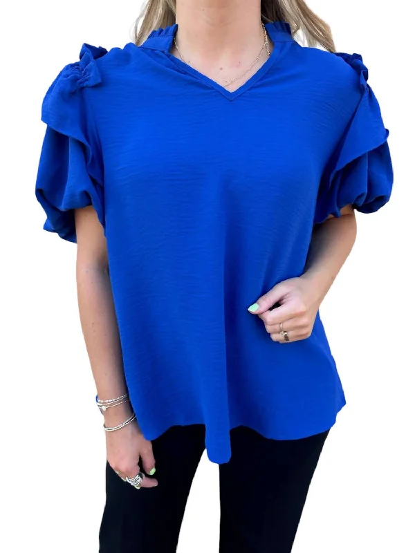 Ruffle Bubble Sleeve Top In Royal Blue Chic Everyday Wear