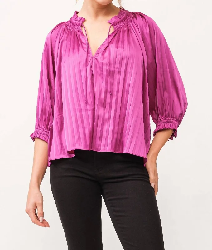 Anais Ruched Neck 3/4 Sleeve Pleated Top In Dahlia Mauve Premium Style