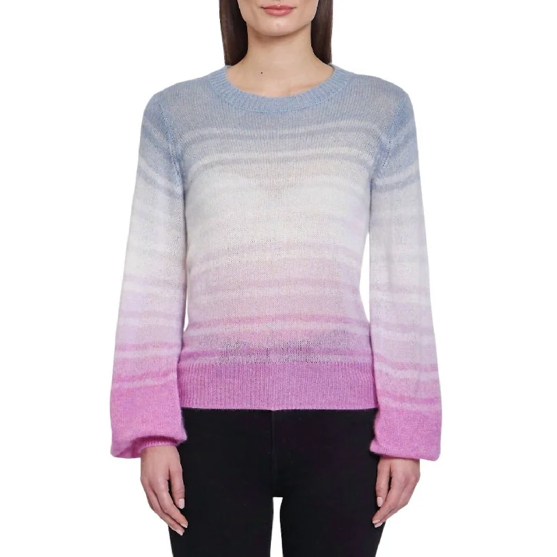 Puff Sleeve Gradient Stripe Crew Top In Pastel Combo Valentine's Special