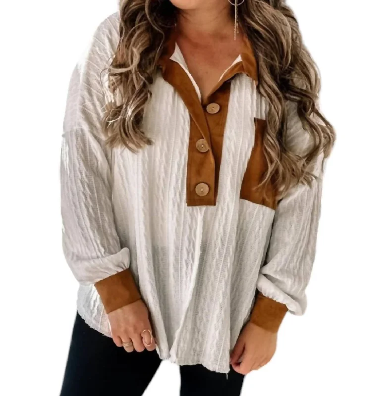 Contrast Suede Top In Tan/white Cool Prices