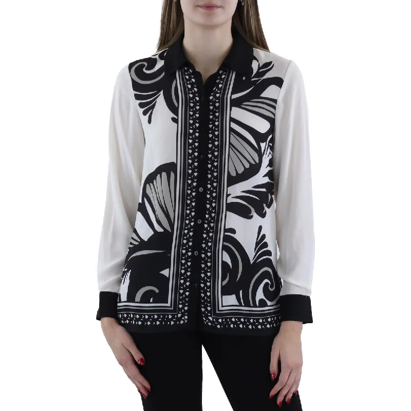 Womens Printed Collar Button-Down Top Soft Textures