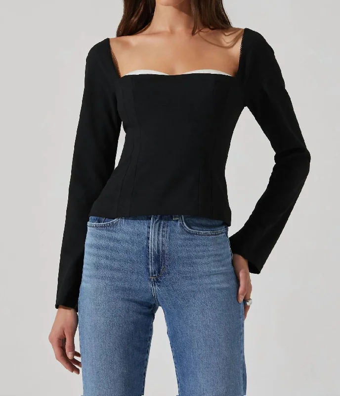 Whitley Peekaboo Contrast Top In Black Comfortable Clothes