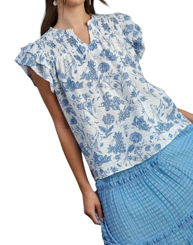 Floral Print Boxy Cut Top In Blue/white Elegant Attire