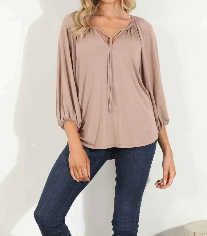 Cupro Stretch Split Neck Top In Camel Elegant Simplicity Wardrobe