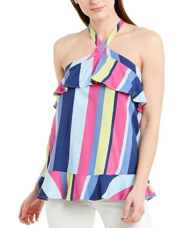 Striped Print Halter Neck Ruffle Top In Multicolor Sophisticated Fashion