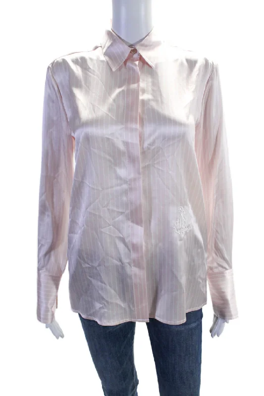 DMN Paris Womens Button Front Collared Striped Silk Shirt Pink White Trend Setting Wardrobe