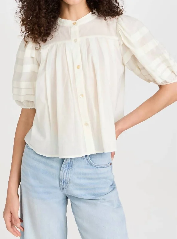 Renata Solid Puff Sleeve Pintuck Top In Cream Effortless Comfort