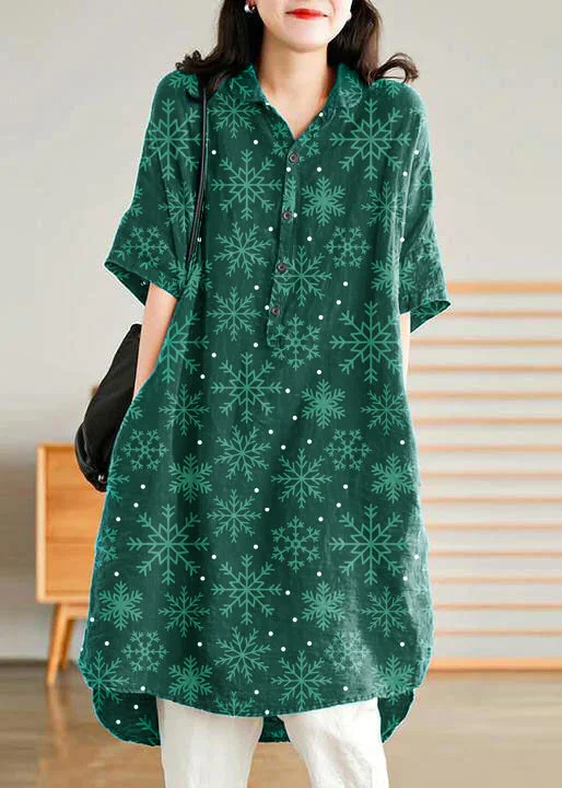 Jade dark green-snowflake Linen Women Casual Linen Shirt Dress Fashion Forward Femininity