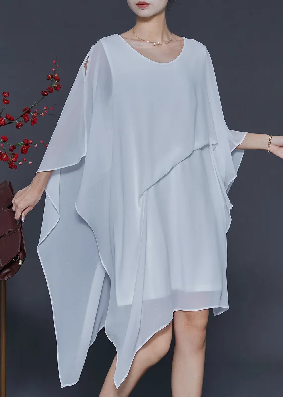 Simple White Asymmetrical Design Chiffon Mid Dress Summer Feminine Flow