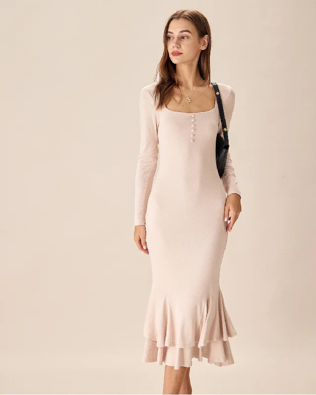 Apricot Square Neck Mermaid Midi Dress Dreamy Aesthetic