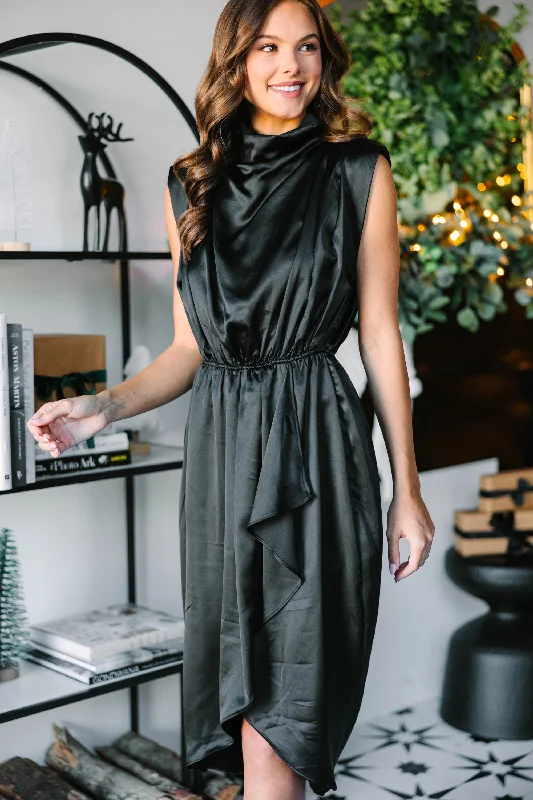 All Eyes On You Black Satin Midi Dress Hot Styles