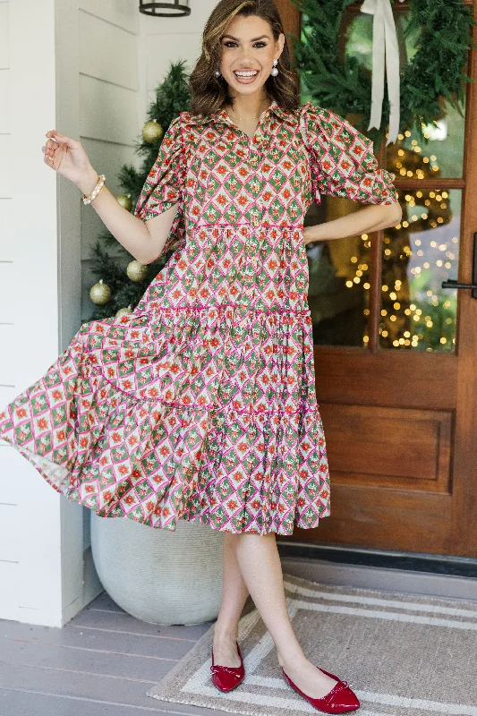 Run To You Green Holiday Medallion Print Midi Dress Premium Fashion