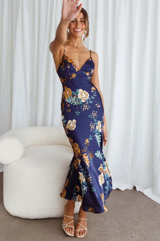 Downtown Cami Strap Front Split Midi Dress Oriental Flower Print Navy Unleash Your Style