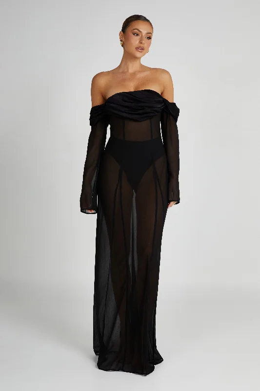 Ivanna Off Shoulder Chiffon Maxi Dress - Black First Order Discount