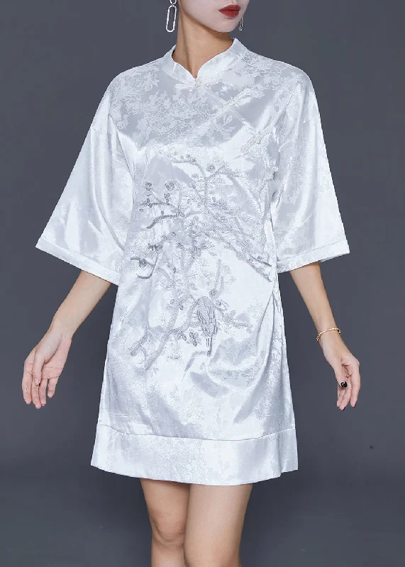 White Jacquard Silk Chinese Style Dress Embroideried Half Sleeve Flash Sale Now