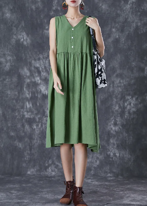 French Green V Neck Exra Large Hem Linen Dress Summer Latest Fashion