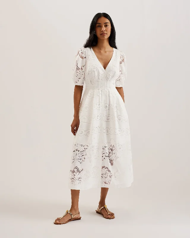 Agnel Lace Puff Sleeve Midi Dress White The Epitome Of Modern Women's Fashion