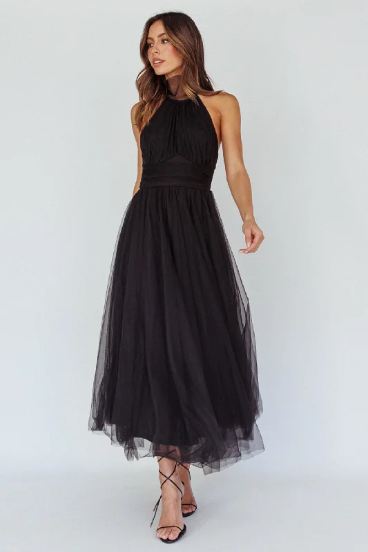 Andria Halterneck Tulle Midi Dress Black Limited Time Offer