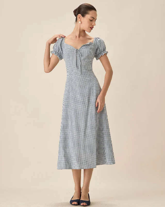 Blue Plaid Sweetheart Neck Midi Dress Holiday Attire Sale