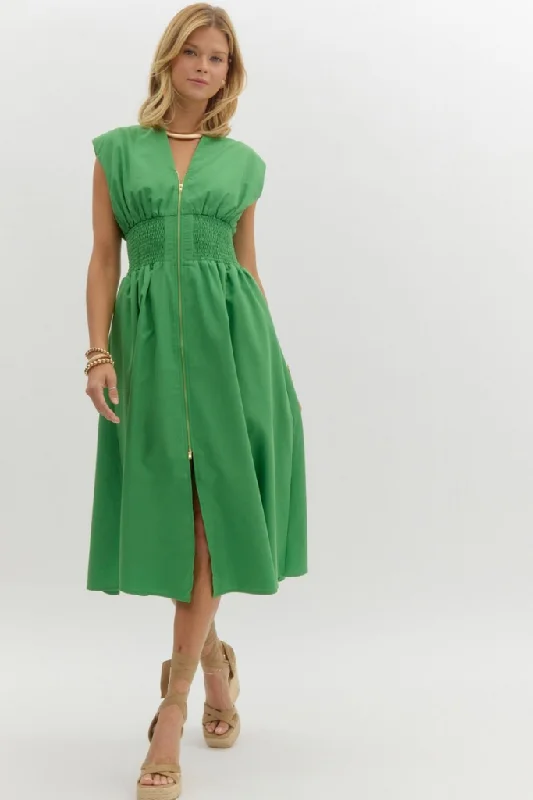 Elizabeth Zip Front Midi Dress in Green Chic Urban Fashion Look