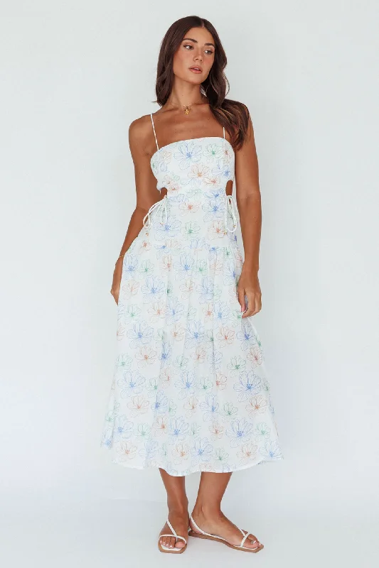 Aloha Cut-Out Waist Midi Dress Floral Blue Fashion Forward