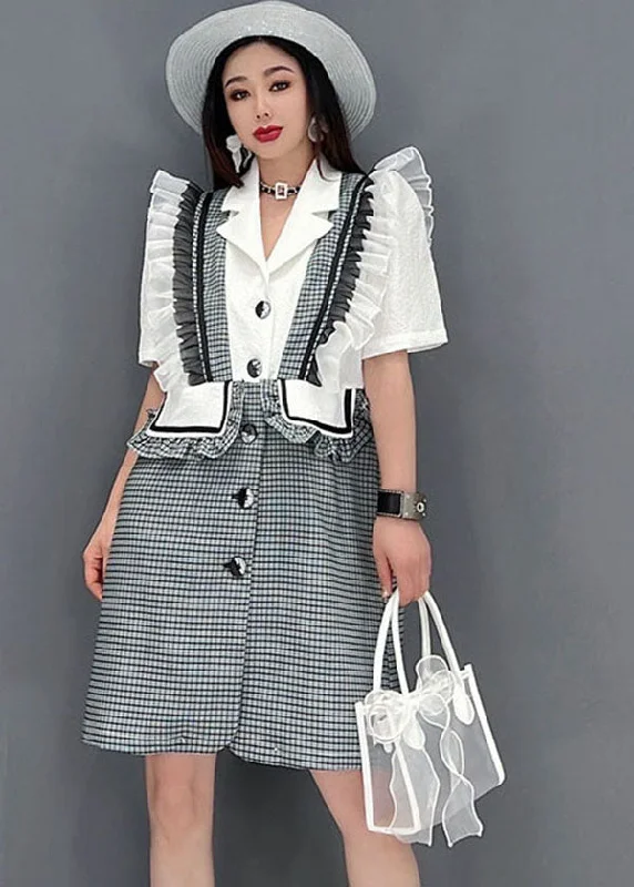 diy Grey Notched Collar Ruffled Patchwork Plaid Maxi Dresses Short Sleeve Flash Sale