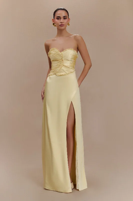 Larissa Satin Maxi Dress With Ruched Petals - Lemon Stylish Savings