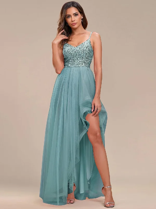 Spaghetti Strap Sequin Top A-Line High Low Tulle Evening Dress The Good Stuff