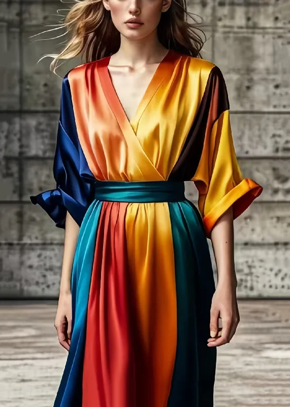 Women Colorblock V Neck Tie Dye Silk Vestidos Dresses Summer Exclusive Designer Collection