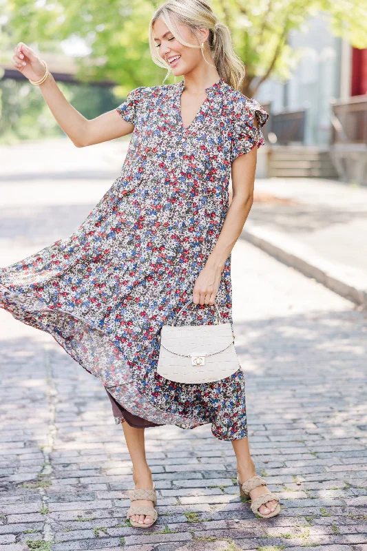 Just For Today Red Ditsy Floral Midi Dress Vibrant Femme Fashion