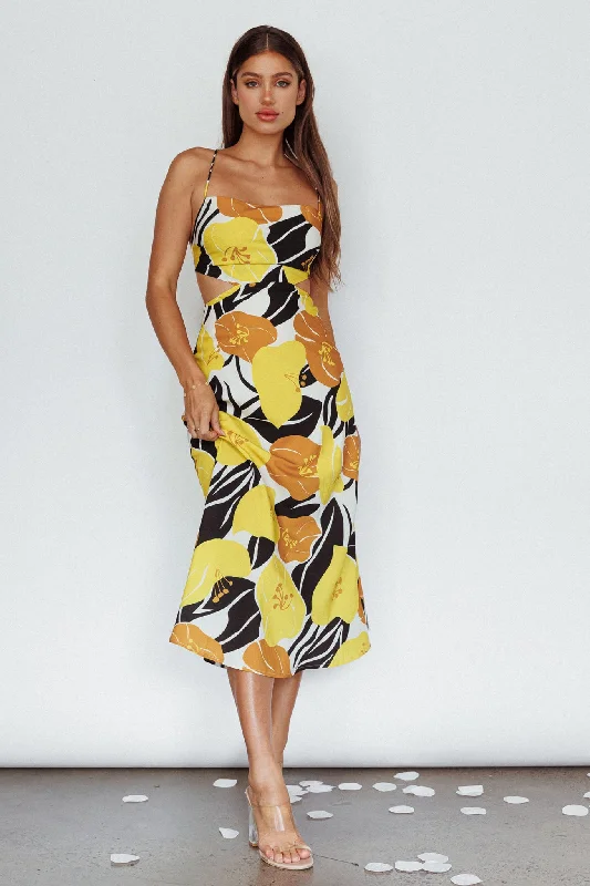 Sunday Bliss Tie-Up Back Cowl Neck Midi Dress Flower Yellow Exquisite Women's Wear Sale