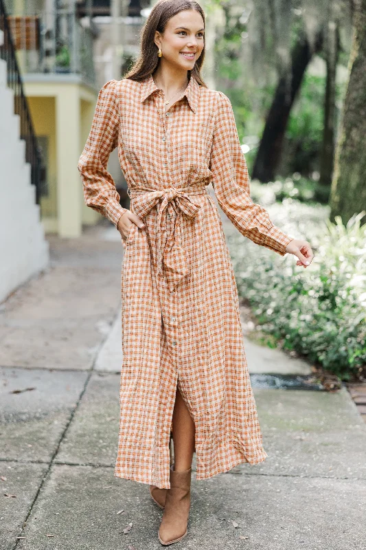 Harvest Wishes Rust Orange Gingham Midi Dress Runway Inspired Wear