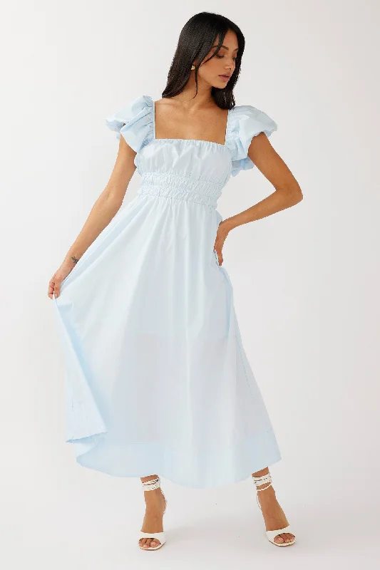 Rose Meadow Puffed Sleeve Midi Dress Blue Limited Styles