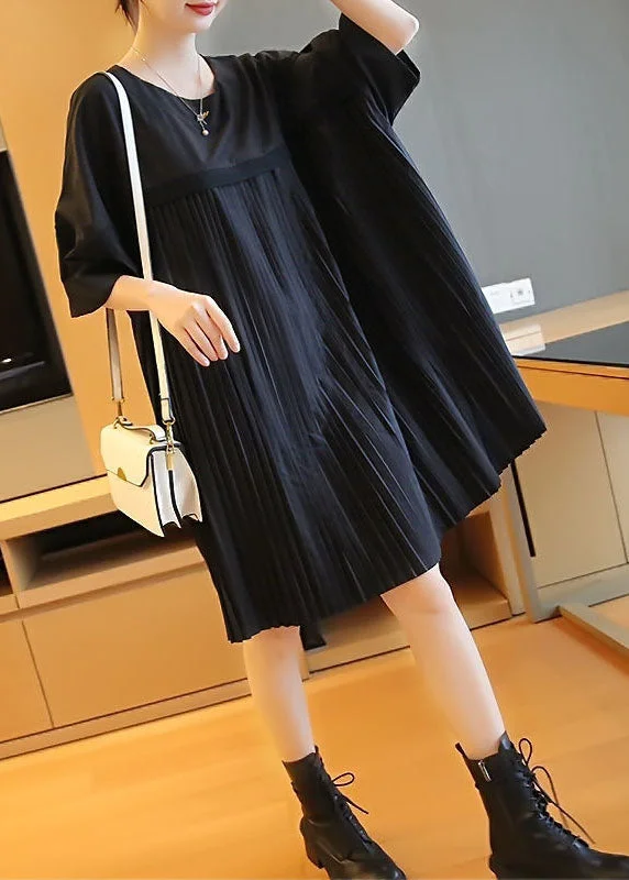 Fashion Black Oversized Patchwork Pleated Mid Dress Half Sleeve Vibrant Femme Fashion