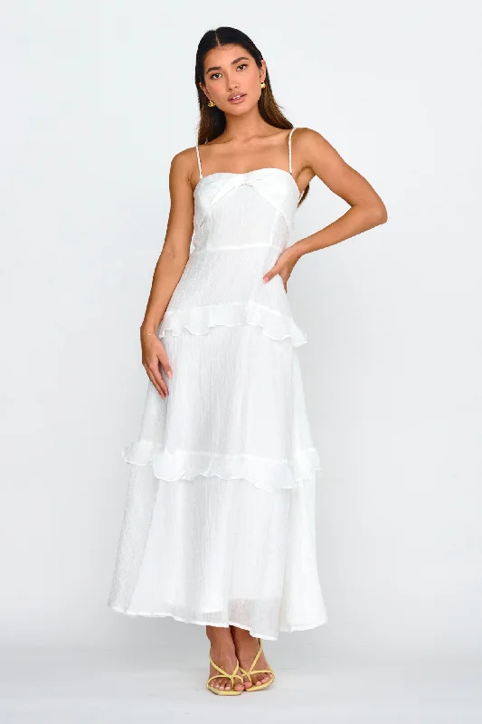 Rise & Glow Frill Trim Textured Midi Dress White Chic Trend Collection