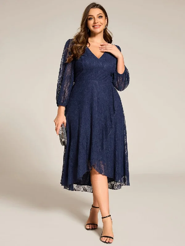 Irene | Plus Size Midi Long Lantern Sleeves V-Neck Lace Wedding Guest Dress Limited Time Offer