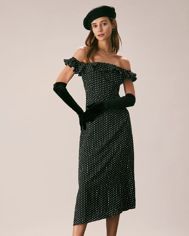 The Black Off The Shoulder Ruffle Midi Dress Wardrobe Essentials