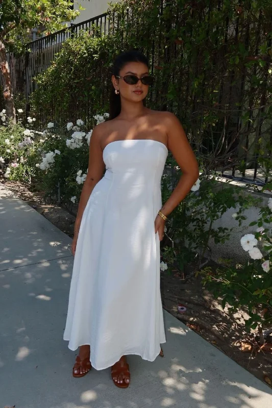 Rhodes White Linen Strapless Midi Dress Explore What's New