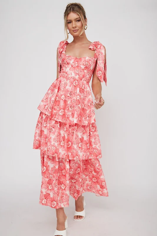 Arlowe Tied Shoulder Tiered Midi Dress Floral Pink Special Occasion Wear