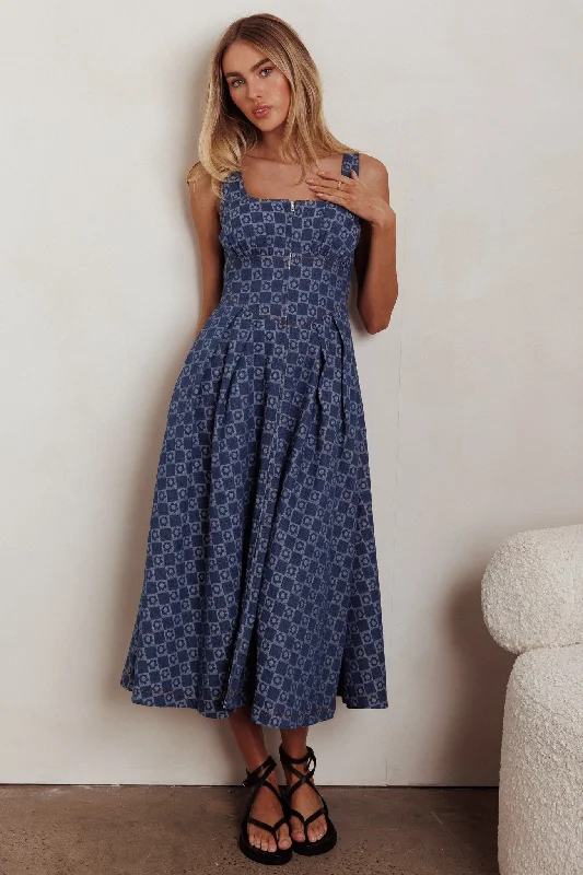 Hair Down Square Neck A-Line Midi Dress Floral Denim Chic & Cozy Apparel